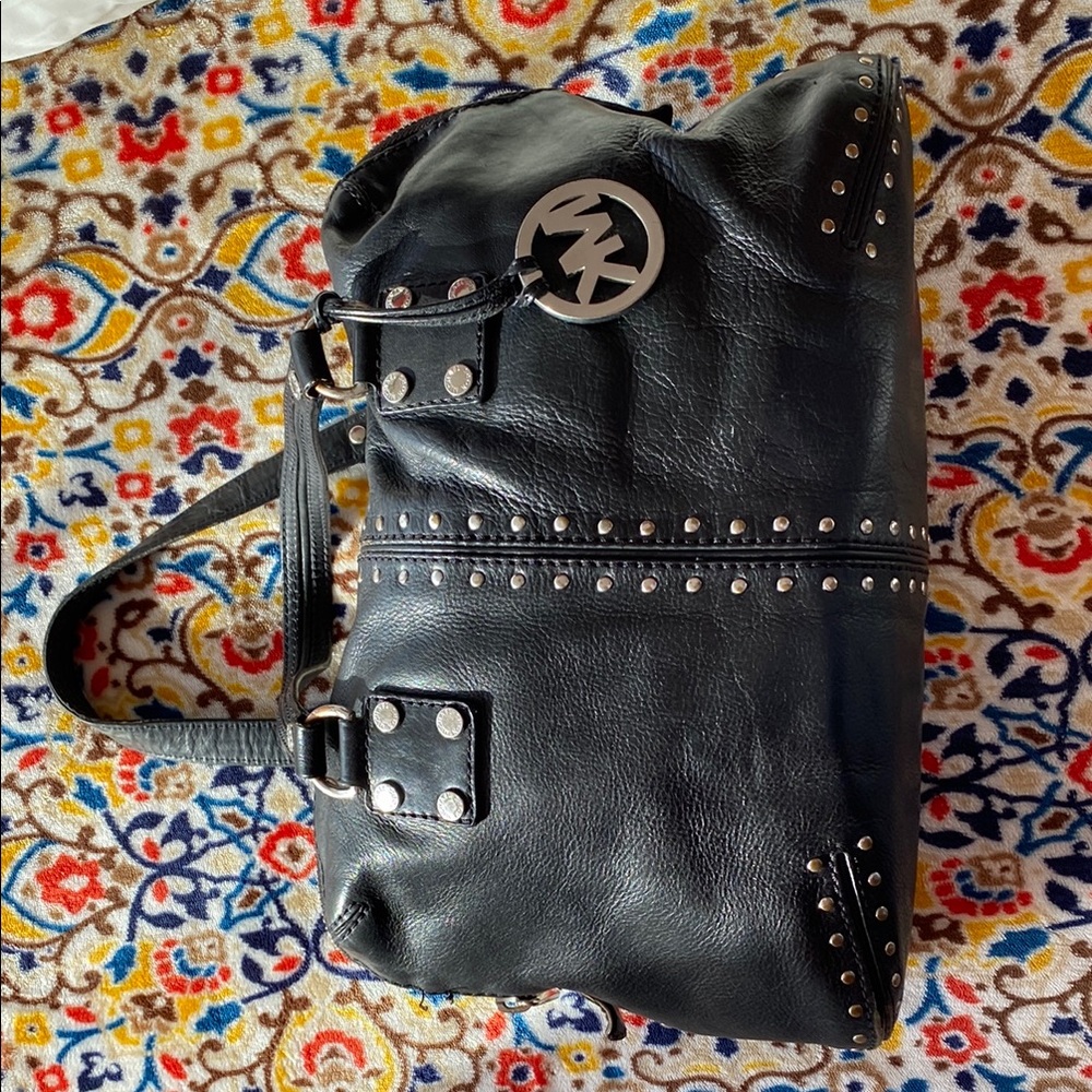 Michael Kors Black Studded Leather Satchel with Gold MK Charm - Picture 5 of 9